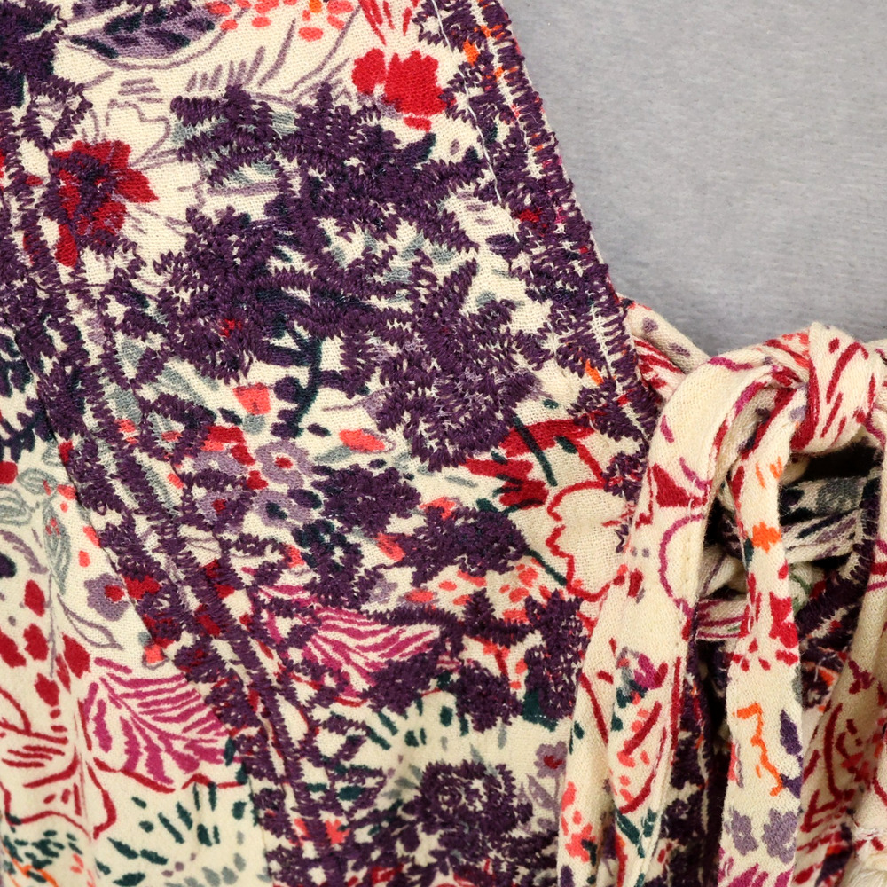 Torrid Top 1 Plus Size 1X Beige Purple Floral Blouse Tasseled Embroidered Boho - Picture 12 of 15